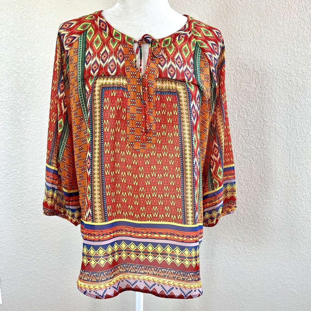 Olive Hill Anthropologie Women's S Small Orange African Print Spring Top Blouse